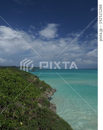 波打ち際に広がるエメラルドグリーン。宮古島・狩俣ののどかな海岸風景 142521266