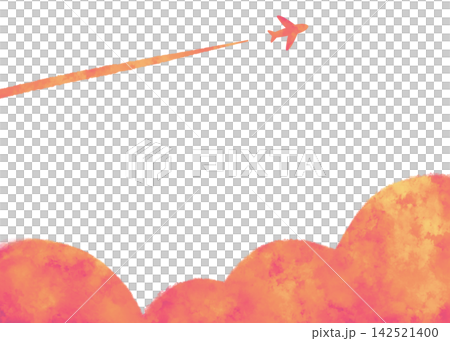 水彩風の飛行機と雲のフレーム 夕焼け 水彩風の飛行機と雲のフレーム 夕焼け 142521400