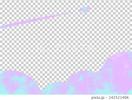 紫色和淺藍色水彩風格的飛機和雲朵邊框 142521406