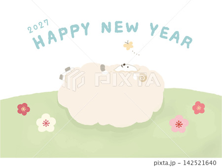 二〇二七年 年賀状ベクターイラスト 令和九年未年の年賀状テンプレート 横向きで草原に寝転ぶひつじ 二〇二七年 年賀状ベクターイラスト 令和九年未年の年賀状テンプレート 横向きで草原に寝転ぶひつじ 142521640