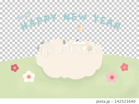 二〇二七年 年賀状ベクターイラスト 令和九年未年の年賀状テンプレート 横向きで草原に寝転ぶひつじ 二〇二七年 年賀状ベクターイラスト 令和九年未年の年賀状テンプレート 横向きで草原に寝転ぶひつじ 142521640