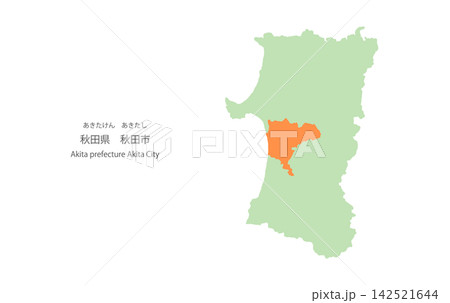 秋田県秋田市をピンポイントで示した秋田県の地図のベクターイラスト 142521644