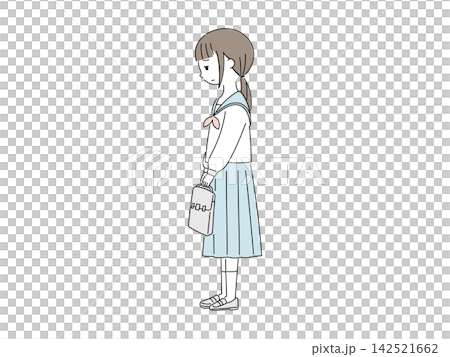 一名面露焦慮的女學生，側身而立。 142521662