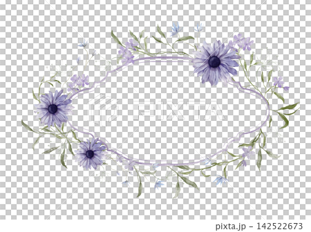 Hand-painted watercolor horizontal oval frame with violet daisy flowers, pale bell blooms and sage sprigs on white background. Wide botanical border, center copy space. Wreath with purple chamomiles Hand-painted watercolor horizontal oval frame with violet daisy flowers, pale bell blooms and sage sprigs on white background. Wide botanical border, center copy space. Wreath with purple chamomiles 142522673