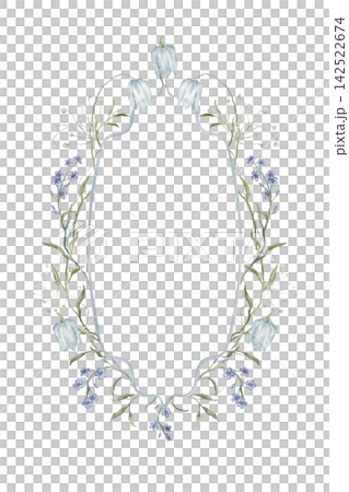 Hand-painted watercolor vertical oval frame of pale blue fritillaria bells, lilac forget-me-nots and sage sprigs on white background. Empty center copy space. scandinavian botanical label design Hand-painted watercolor vertical oval frame of pale blue fritillaria bells, lilac forget-me-nots and sage sprigs on white background. Empty center copy space. scandinavian botanical label design 142522674