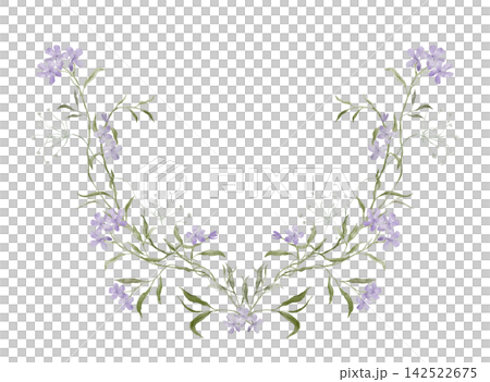 Hand-painted watercolor U-shaped floral frame of lilac phlox blooms, slender sage leaves, and airy white seed sprigs on white background, with wide blank copy space in the center for text. Hand-painted watercolor U-shaped floral frame of lilac phlox blooms, slender sage leaves, and airy white seed sprigs on white background, with wide blank copy space in the center for text. 142522675