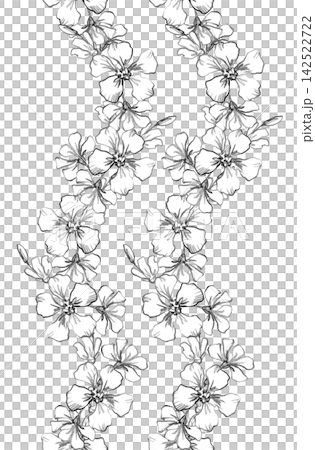 Seamless border of a two vertical rows of the bird cherry flowers. Handmade farm pencil illustrations. For design of cards, cover, prints, product labels and fabric. Seamless border of a two vertical rows of the bird cherry flowers. Handmade farm pencil illustrations. For design of cards, cover, prints, product labels and fabric. 142522722