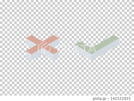 一組平行於地面的 X 形標記和勾號的等距插圖(棕色和綠色) 一組平行於地面的 X 形標記和勾號的等距插圖(棕色和綠色) 142522935