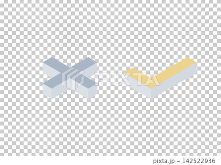 Isometric illustration set of crosses and checkmarks parallel to the ground (blue-gray and yellow) Isometric illustration set of crosses and checkmarks parallel to the ground (blue-gray and yellow) 142522936