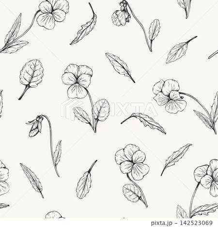 Botanical seamless pattern with hand drawn pansy flowers and leaves. Vector illustration of monochrome viola tricolor blossoms in sketch style on light background for wallpaper textile wrapping paper Botanical seamless pattern with hand drawn pansy flowers and leaves. Vector illustration of monochrome viola tricolor blossoms in sketch style on light background for wallpaper textile wrapping paper 142523069
