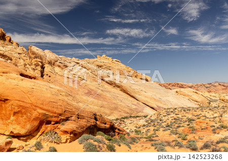Red sandstone desert cliffs with blue sky dramatic rock landscape Red sandstone desert cliffs with blue sky dramatic rock landscape 142523268