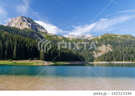Calm lake with forest reflection under blue sky Calm lake with forest reflection under blue sky 142523344