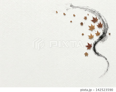 右上に押し葉の紅葉と墨の曲線が描かれた麻の葉模様の白和紙背景 右上に押し葉の紅葉と墨の曲線が描かれた麻の葉模様の白和紙背景 142523590