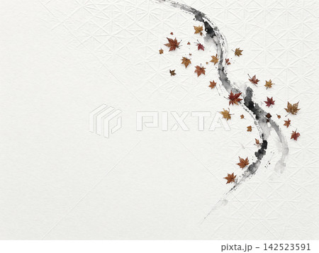 右上に押し葉の紅葉と墨の曲線が描かれた麻の葉模様の白和紙背景 右上に押し葉の紅葉と墨の曲線が描かれた麻の葉模様の白和紙背景 142523591