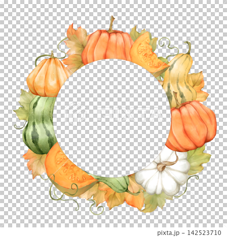 Hand-drawn illustration of a circular autumn wreath frame with orange, green, and white pumpkins, fall leaves, and vine tendrils isolated on white background. This round border perfect for 142523710