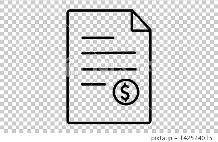 A simple line drawing icon of a document showing an invoice and payment amount, along with a coin. A simple line drawing icon of a document showing an invoice and payment amount, along with a coin. 142524015