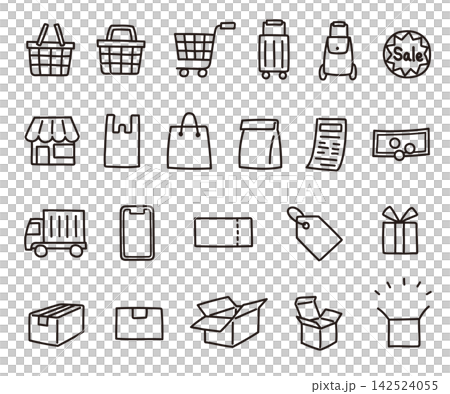 A set of simple and cute hand-drawn line art icons for shopping and luggage. A set of simple and cute hand-drawn line art icons for shopping and luggage. 142524055