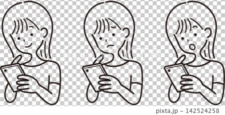 一組線條畫,描繪了表情各異的女孩們看著她們的智慧型手機。 一組線條畫,描繪了表情各異的女孩們看著她們的智慧型手機。 142524258