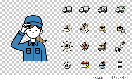Icon set featuring a female logistics staff member wearing a work cap | Workers, Transportation, Warehousing, Delivery Icon set featuring a female logistics staff member wearing a work cap | Workers, Transportation, Warehousing, Delivery 142524426