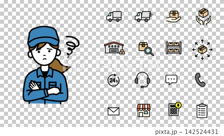 圖標集，描繪了一位憂心忡忡的女物流員工 | 工人、運輸、倉庫、配送 142524431