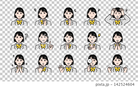 一組簡單的臉部表情圖示插圖,描繪的是一位穿著西裝外套的高中女生。 一組簡單的臉部表情圖示插圖,描繪的是一位穿著西裝外套的高中女生。 142524604