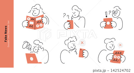 Fake news and disinformation concepts. Doodle line characters reading false newspaper, confused with smartphone, checking wrong information on laptop and tablet. Fake news and disinformation concepts. Doodle line characters reading false newspaper, confused with smartphone, checking wrong information on laptop and tablet. 142524702