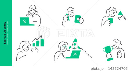 Startup business journey concepts. Doodle line characters planning idea on laptop, building project, analyzing growth chart, launching rocket, and holding trophy award. Startup business journey concepts. Doodle line characters planning idea on laptop, building project, analyzing growth chart, launching rocket, and holding trophy award. 142524705