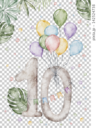 Watercolor Number 10 decorated with big bundles of balloons, birthday flag garland confetti and tropical leaves. Monthly milestone card illustration isolated on transparent background for birthday Watercolor Number 10 decorated with big bundles of balloons, birthday flag garland confetti and tropical leaves. Monthly milestone card illustration isolated on transparent background for birthday 142524738