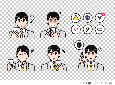 一組簡單的向量插圖,描繪了一名身穿西裝外套的高中男生手持智慧型手機,表達負面情緒。 一組簡單的向量插圖,描繪了一名身穿西裝外套的高中男生手持智慧型手機,表達負面情緒。 142525058