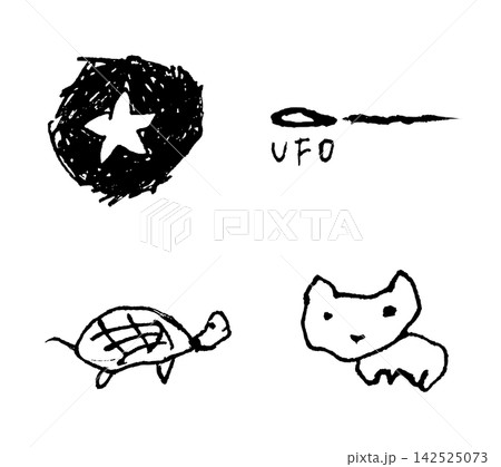 星とUFOと亀と猫のモノクロ手描き線画セット 星とUFOと亀と猫のモノクロ手描き線画セット 142525073
