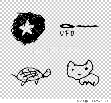 星とUFOと亀と猫のモノクロ手描き線画セット 星とUFOと亀と猫のモノクロ手描き線画セット 142525073