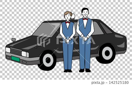 A middle-aged man and a young woman stand in front of the taxi. A middle-aged man and a young woman stand in front of the taxi. 142525180