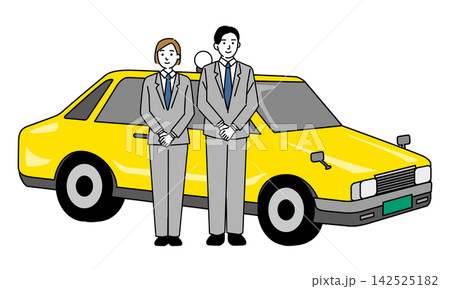 タクシー車両の前に立つ運転手 若い男女 タクシー車両の前に立つ運転手 若い男女 142525182