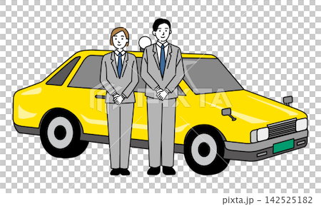 A young man and woman stand in front of the taxi. A young man and woman stand in front of the taxi. 142525182