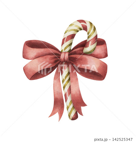 Watercolor candy cane with red bow and green stripes. Vintage Christmas peppermint stick illustration shows cute sweet decor. Holiday dessert suits card and winter decoration. Traditional xmas food. Watercolor candy cane with red bow and green stripes. Vintage Christmas peppermint stick illustration shows cute sweet decor. Holiday dessert suits card and winter decoration. Traditional xmas food. 142525347