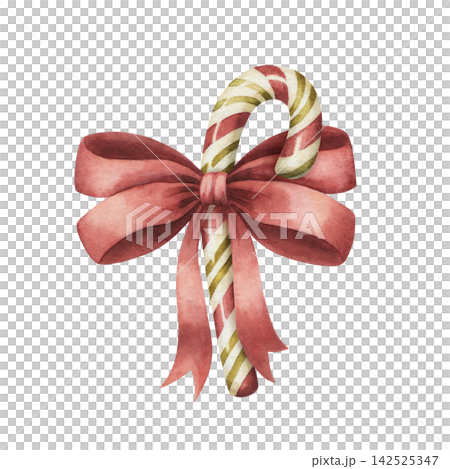 Watercolor candy cane with red bow and green stripes. Vintage Christmas peppermint stick illustration shows cute sweet decor. Holiday dessert suits card and winter decoration. Traditional xmas food. Watercolor candy cane with red bow and green stripes. Vintage Christmas peppermint stick illustration shows cute sweet decor. Holiday dessert suits card and winter decoration. Traditional xmas food. 142525347