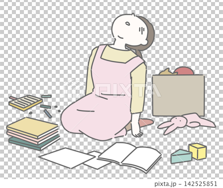 一名幼兒園女工作人員看到散落的玩具，驚恐地後退。 142525851