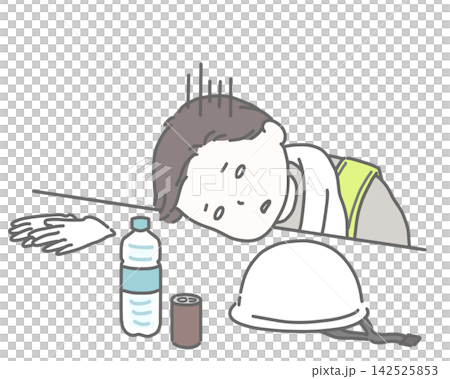 一名建築工人筋疲力盡地趴在桌子上。 142525853