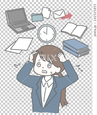 A woman in a suit, overwhelmed with work and in a panic. A woman in a suit, overwhelmed with work and in a panic. 142525855