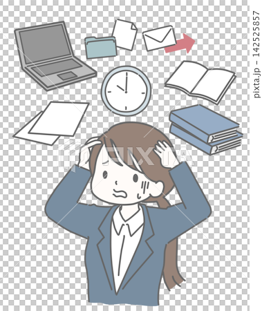 A woman in a suit, overwhelmed by a huge workload. 142525857
