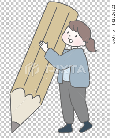 大きい鉛筆を抱える笑顔の女性 142526122