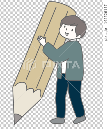一個面帶微笑的男人手裡拿著一支大鉛筆。 一個面帶微笑的男人手裡拿著一支大鉛筆。 142526157
