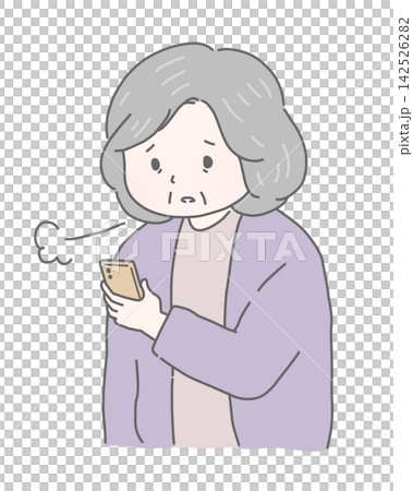 一位老婦人看著她的智慧型手機嘆了口氣。 一位老婦人看著她的智慧型手機嘆了口氣。 142526282