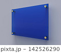 A4 blue glass nameplate plate on gold spacer metal holders. Clear printing board for branding. Acrilic advertising signboard on gray background front view. Size 297 x 210 mm. 3D illustration 142526290