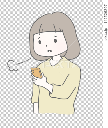 A housewife sighs as she looks at her smartphone. A housewife sighs as she looks at her smartphone. 142526297