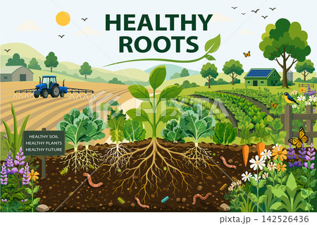 Healthy roots soil flat vector regenerative agriculture 142526436