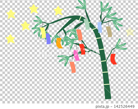 Tanabata bamboo decorations adorned with colorful strips of paper and twinkling stars. Tanabata bamboo decorations adorned with colorful strips of paper and twinkling stars. 142526449