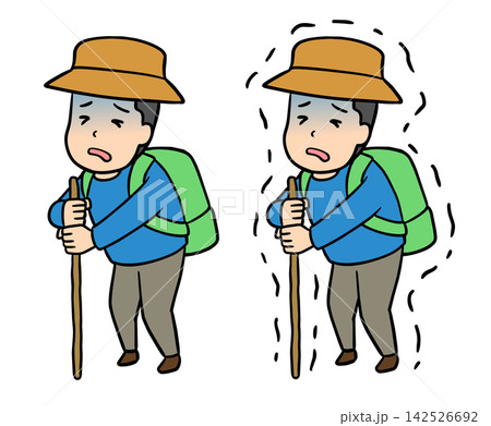 登山中に疲労困憊でふらふらになり棒にしがみついて耐えるコミカルな若い男性のイラスト 142526692
