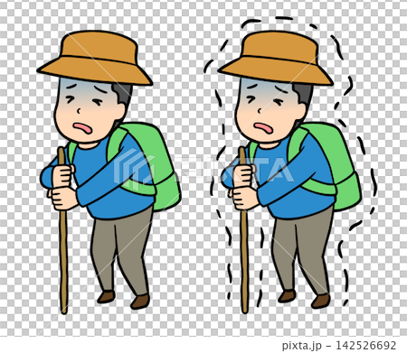 登山中に疲労困憊でふらふらになり棒にしがみついて耐えるコミカルな若い男性のイラスト 142526692
