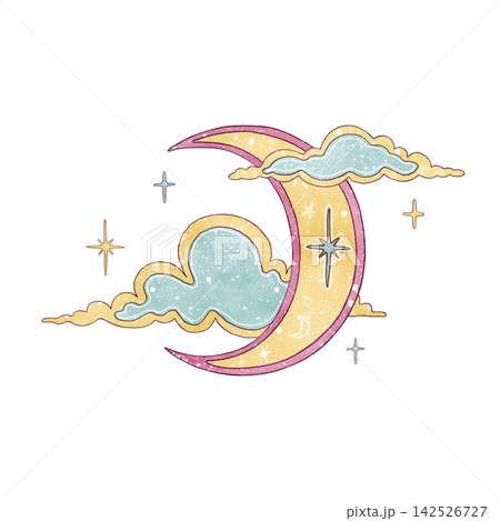 Watercolor esoteric cute illustration pastel crescent moon, mint clouds and stars isolated on white background. Night sky hand drawn clip art in cartoon style for stickers, baby merch, nursery design 142526727